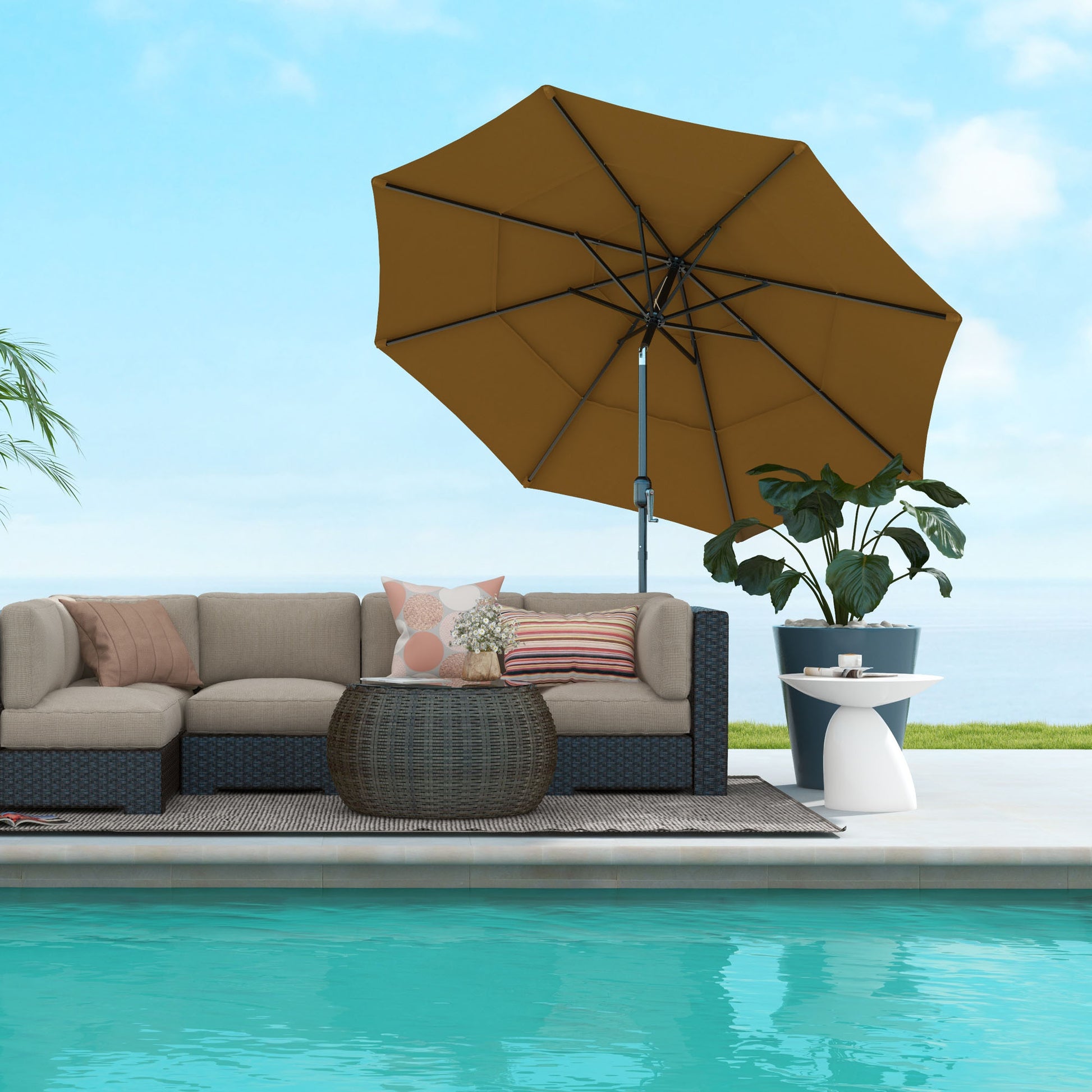 Outsunny 9Ft 3 Tiers Patio Umbrella Outdoor Market Umbrella With Crank, Push Button Tilt For Deck, Backyard And Lawn, Tan Tan Polyester