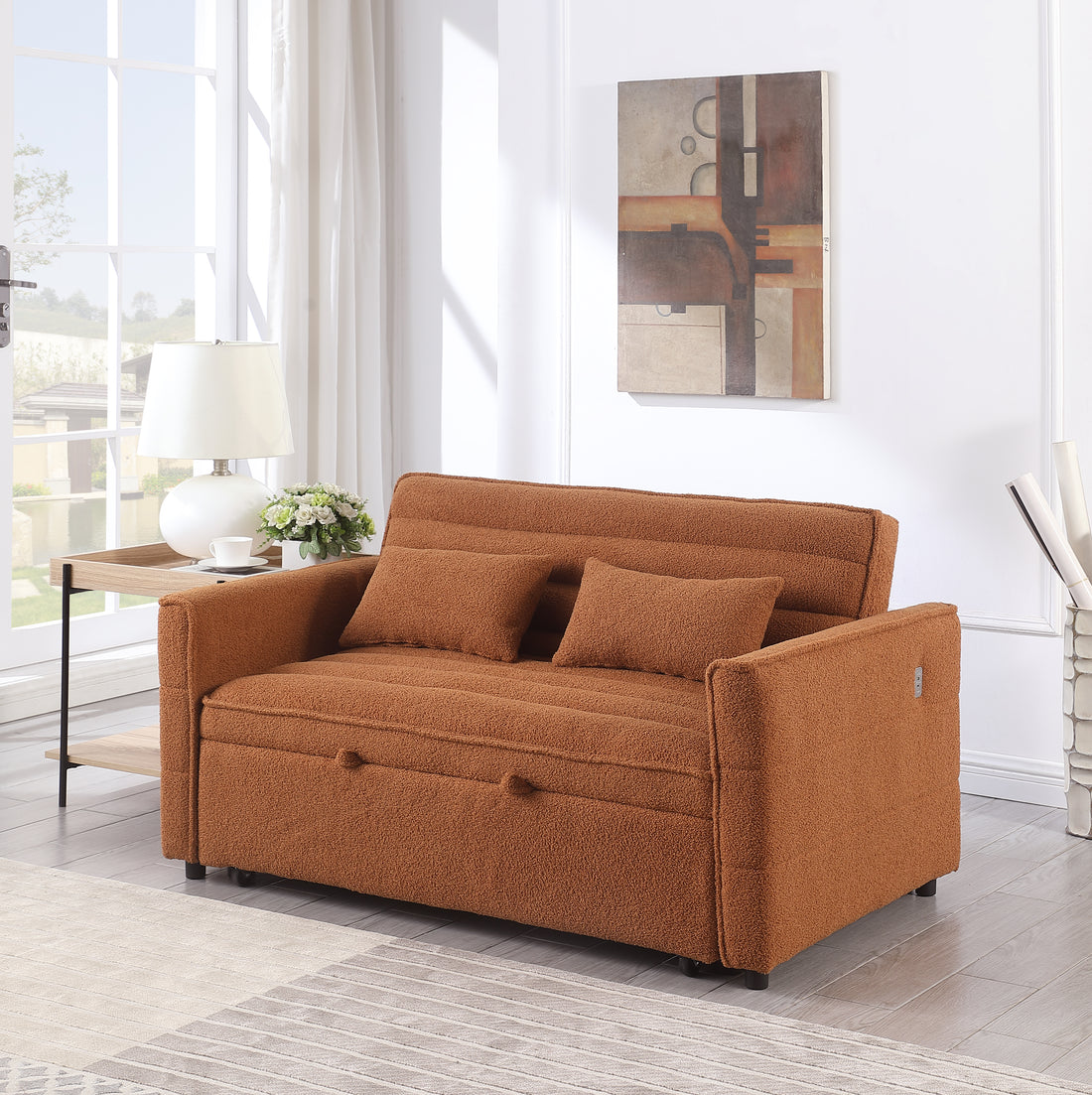 Soft Boucle Convertible Two Bedroom Sofa With Adjustable Back, 2 Seater Sofa, Pull Out Bed, 2 Waist Pillows For Small Living Rooms And Apartments Light Brown Foam Boucle 2 Seat