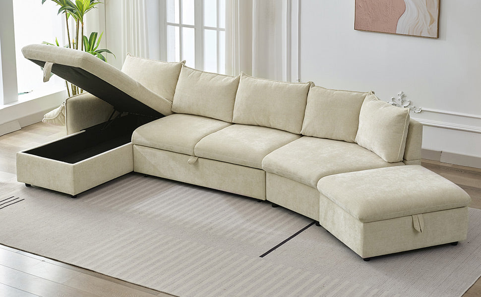 146.9" L Shaped Sofa Sectional Sofa Couch Pull Out Sofa Bed With A Movable Storage Ottoman, A Storage Chaise Lounge And Two Usb Ports For Living Room, Beige Beige Foam Linen 5 Seat