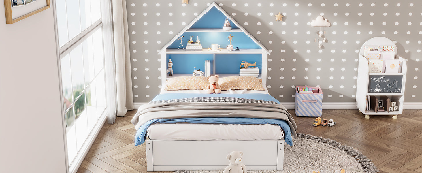 Full Size House Shaped Bed With Bookcase Headboard And Led Light And Twin Size Trundle For Kids Boys Girls, Blue White Box Spring Not Required Full White Blue Wood Bedroom Cute Bed Frame Wood
