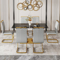 Table And Chair Set.Modern Rectangular Dining Table With Black Textured Stickers Glass Tabletop And Gold Plated Metal Legs.Paried With 6 Comfortable Chairs With Pu Seats And Golden Metal Legs. Gold,Light Gray Seats 6 Glass Metal