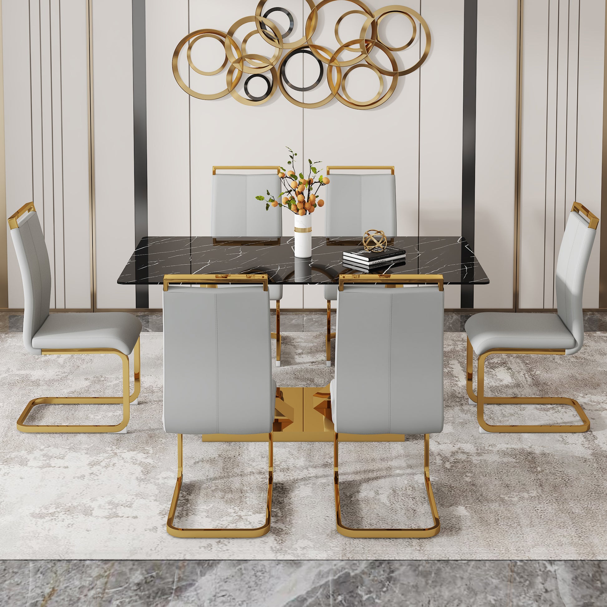 Table And Chair Set.Modern Rectangular Dining Table With Black Textured Stickers Glass Tabletop And Gold Plated Metal Legs.Paried With 6 Comfortable Chairs With Pu Seats And Golden Metal Legs. Gold,Light Gray Seats 6 Glass Metal