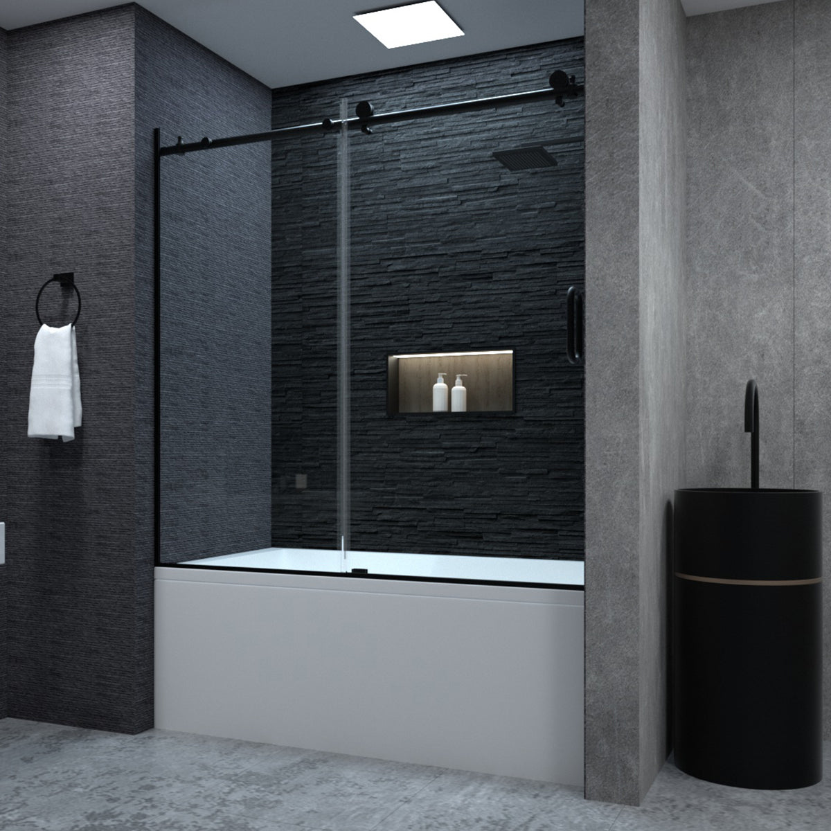 58 60" W X 60" H Frameless Sliding Bathtub Door, Tub Shower Door, Bathtub Glass Door, Bathtub Shower Door, 1 4" 6Mm Certified Clear Tempered Glass, Matte Black Matte Black Stainless Steel