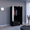 Riverside 3 Door Mirrored Armoire With Two Drawers, Four Shelves, And Hanging Rod Black Black Bedroom Particle Board