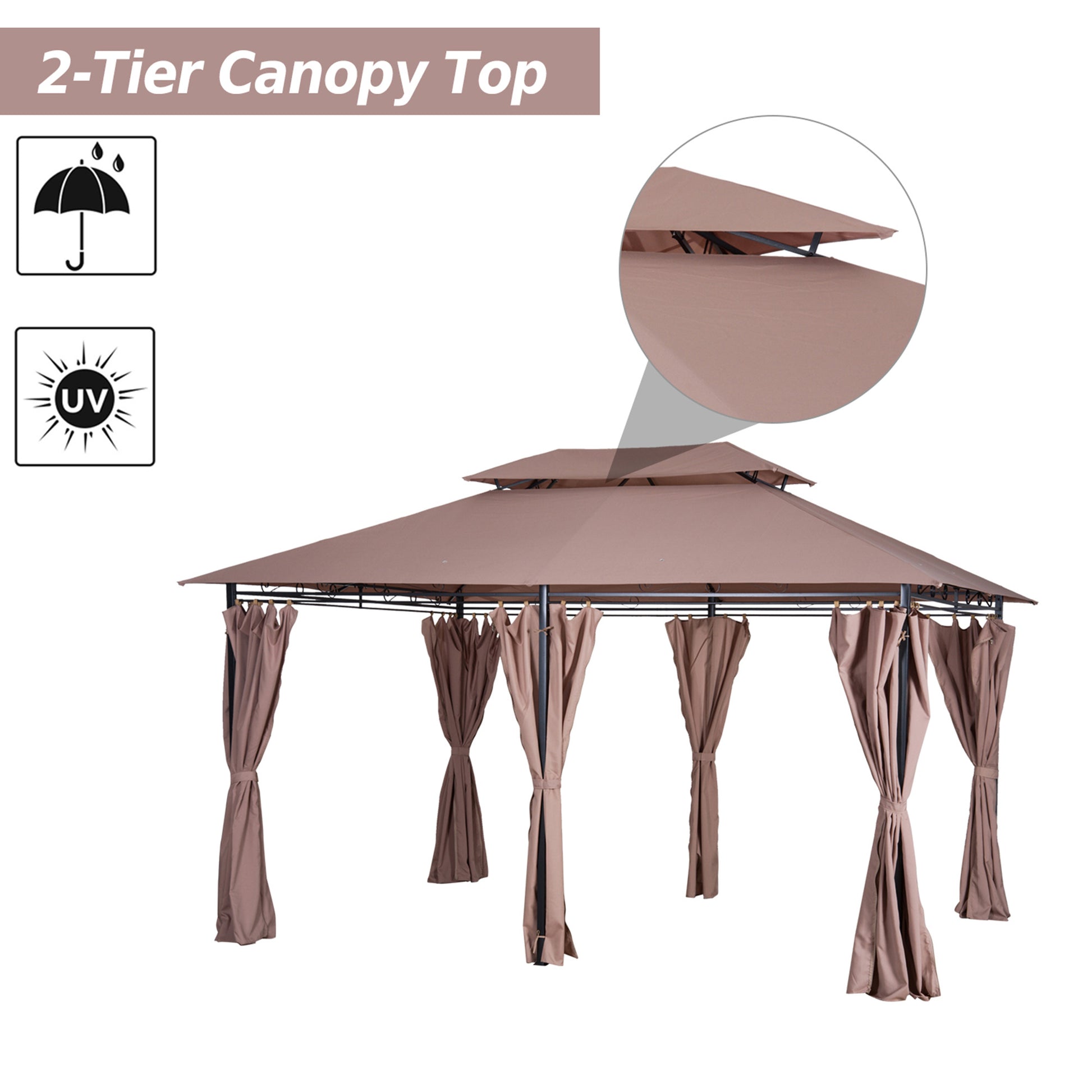 Outsunny 10' X 13' Patio Gazebo, Outdoor Gazebo Canopy Shelter With Curtains, Vented Roof, Steel Frame For Garden, Lawn, Backyard And Deck, Khaki Khaki Steel