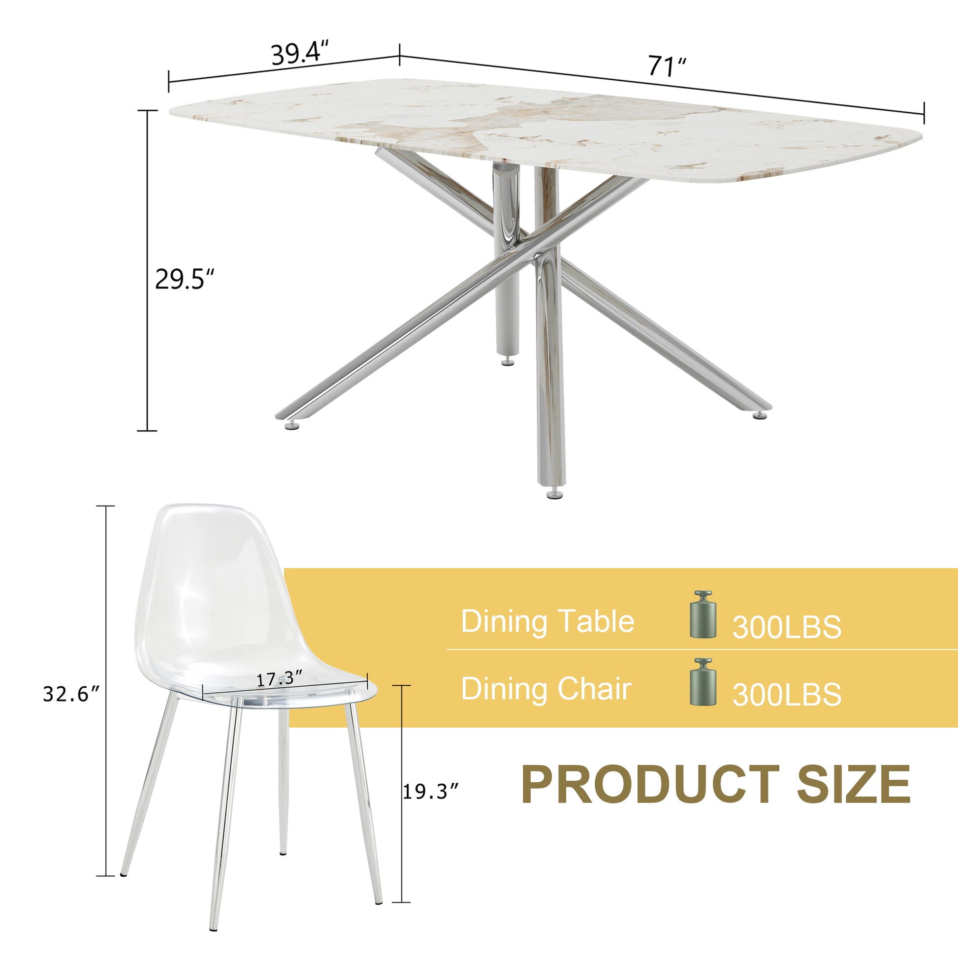 Table And Chair Set.Modern Luxurious White Marble Patterned Tempered Glass Dining Table Set With Transparent Pp Chairs.8 Transparent High Quality Pp Dining Chairs With Silver Legs. White Silver