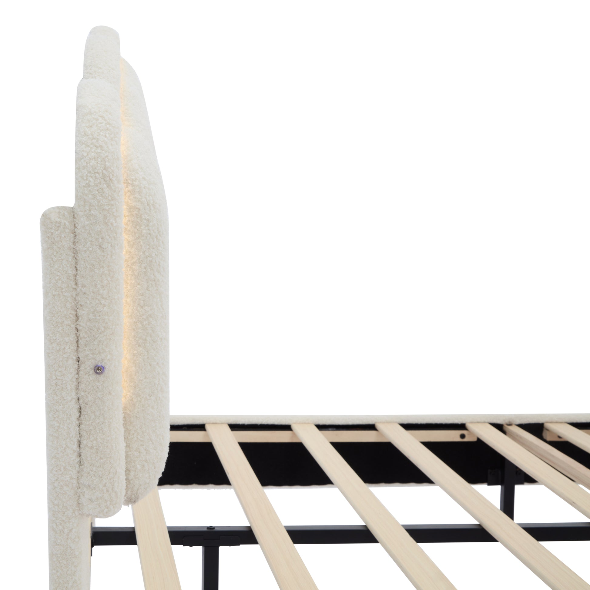 Full Size Upholstered Flower Shape Bed, Elegant Flowers Headboard With Led Light Strip, Sherpa Fabric Platform Bed With Wooden Slats Support, White Full White Wood