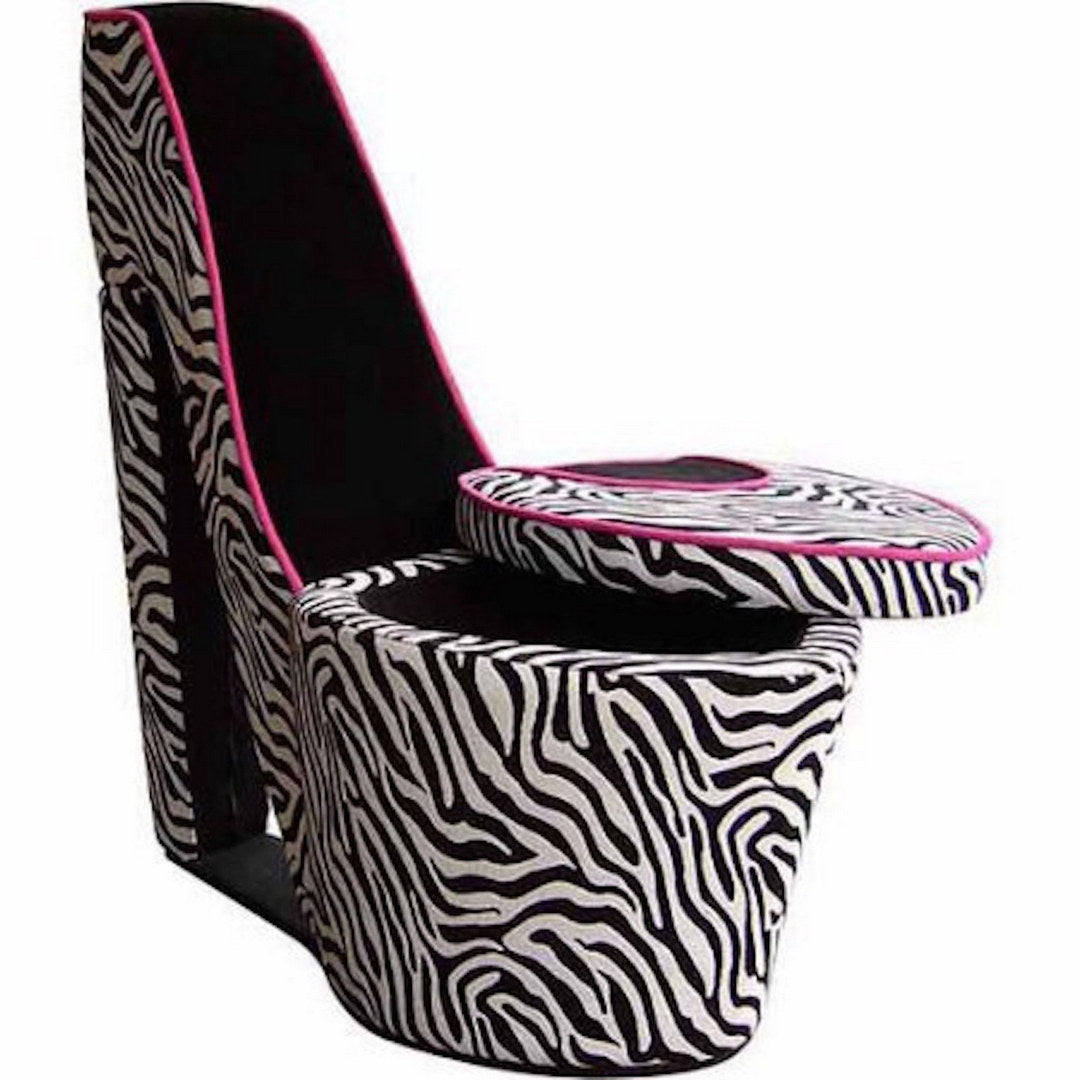 32.86" In Zebra Print W Pink Trim Black Sole High Heel Storage Chair Black Red Wood Fabric