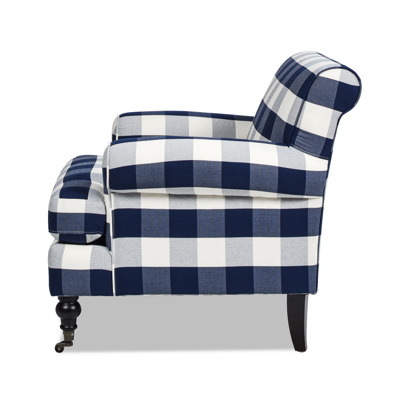 Alana 38" Lawson Accent Arm Chair Metal Casters, Blue Lattice Woven Blue Plaid Foam Fabric