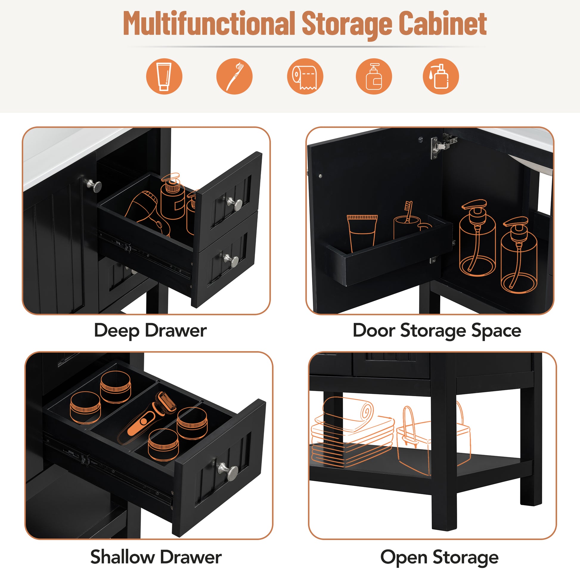 30Inch Transitional Style Bathroom Vanity Cabinet Combo With Ceramic Sink,Soft Close Door Black Bathroom Solid Wood Mdf