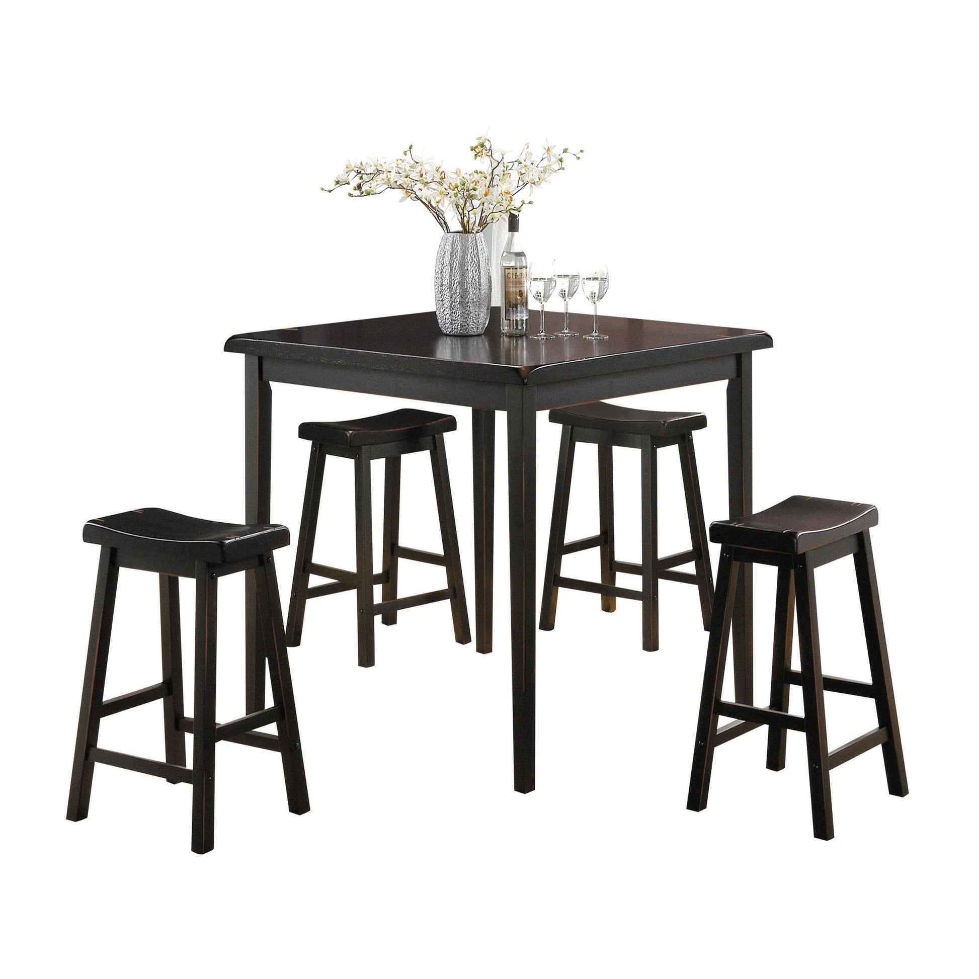 Black 5 Piece Counter Height Set With Saddle Stools Wood Dining Room Rubberwood Square Dining Table With Chair Wood Wood Black Seats 4 36 Inches Farmhouse Square 4 Leg Wood