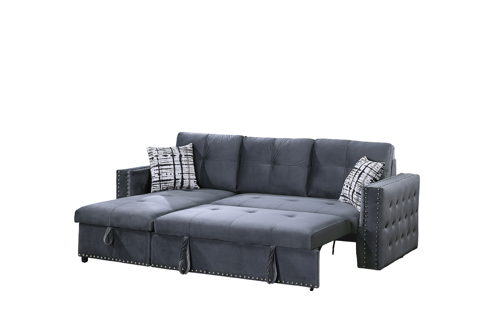 Gray Velvet Convertible Sectional Sofa Pull Out Bed Couch Storage Chaise Tufted Reversible 2Pc Sectional Living Room Gray Primary Living Space Tufted Back Contemporary,Modern L Shaped Square Arms Velvet 4 Seat