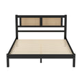 Queen Size Wooden Platform Bed With Natural Rattan Headboard, Exquisite Elegance With Minimalist Charm For Bedroom, Black Black Particle Board