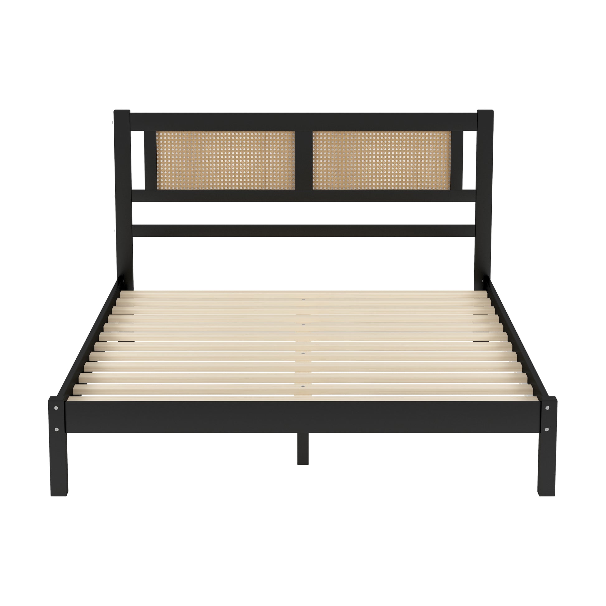 Queen Size Wooden Platform Bed With Natural Rattan Headboard, Exquisite Elegance With Minimalist Charm For Bedroom, Black Black Particle Board