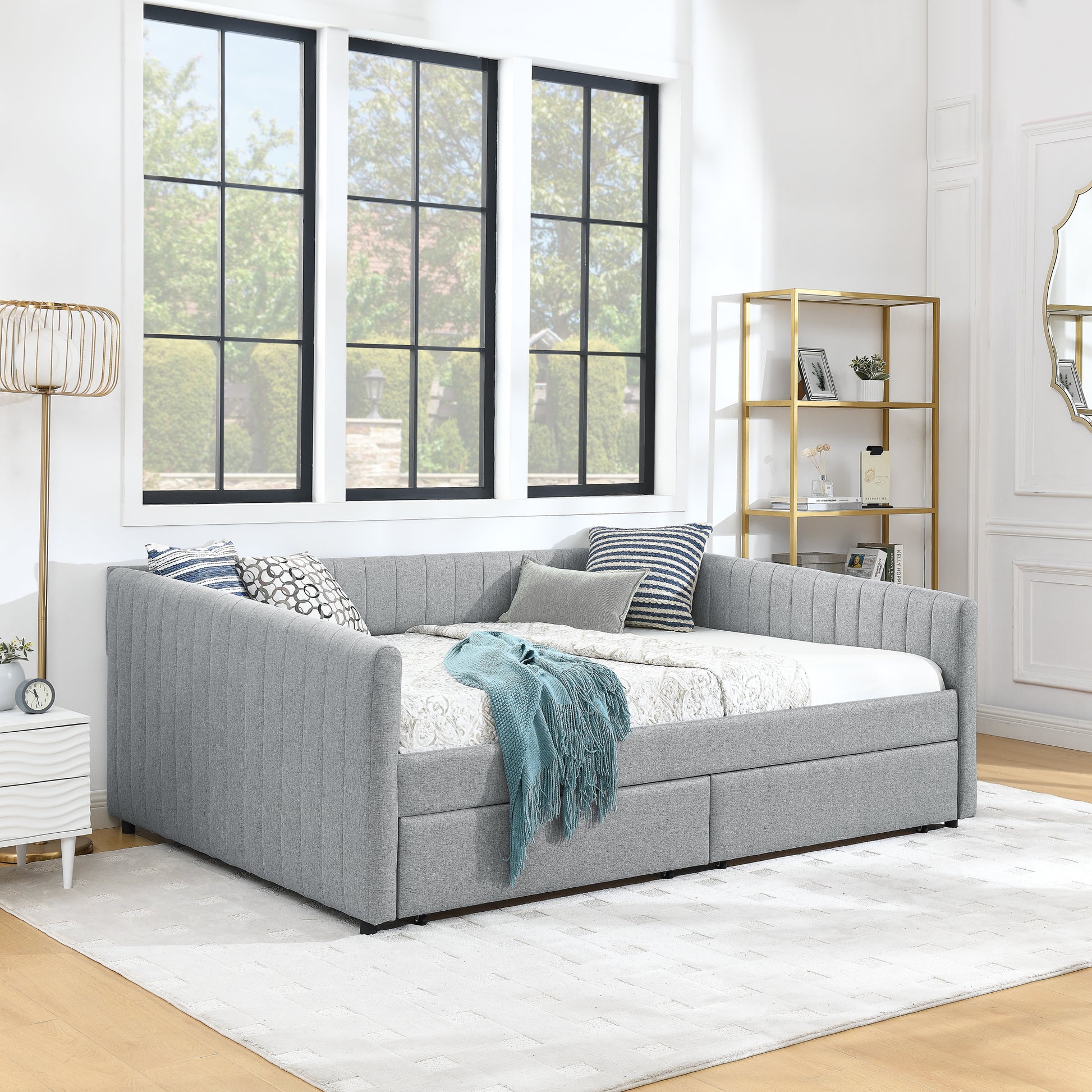 Queen Size Daybed With Two Drawers Trundle Upholstered Sofa Bed, With Vertical Stripes Linen Fabric, Grey 86.5"X65"X30" Grey Linen