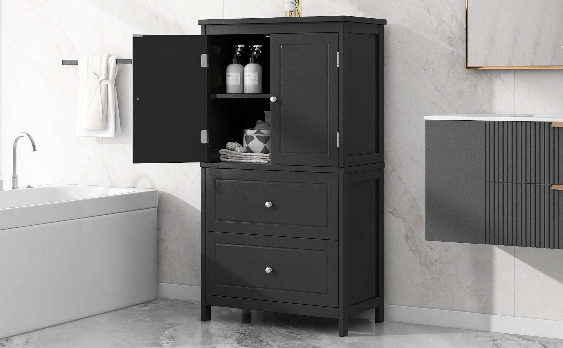 Bathroom Storage Cabinet, Cabinet With Two Doors And Drawers, Adjustable Shelf, Mdf Board, Black Black Mdf