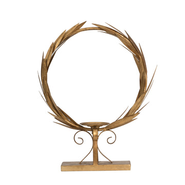 20 Inch Luxury Accent Candle Holder, Laurel Wreath, Metal Frame Gold Finish Gold Iron