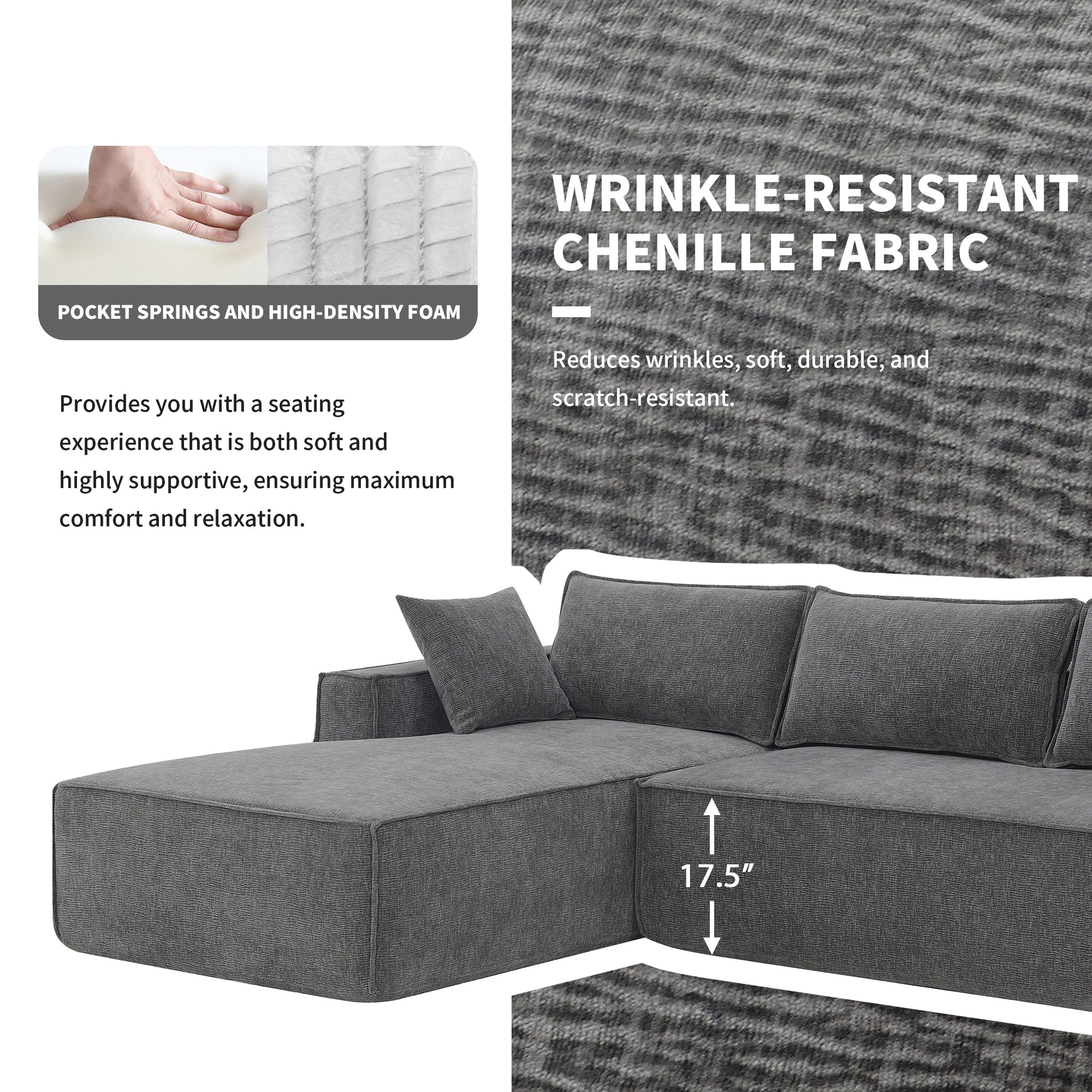 111.5*72"Minimalist Style Modular Sectional Sofa,Wrinkle Resistant Chenille Couch Set,L Shaped Sleeper Sofa Bed For Living Room,2 Pic Free Combination,No Assembly Require,3 Colors Gray Chenille 4 Seat