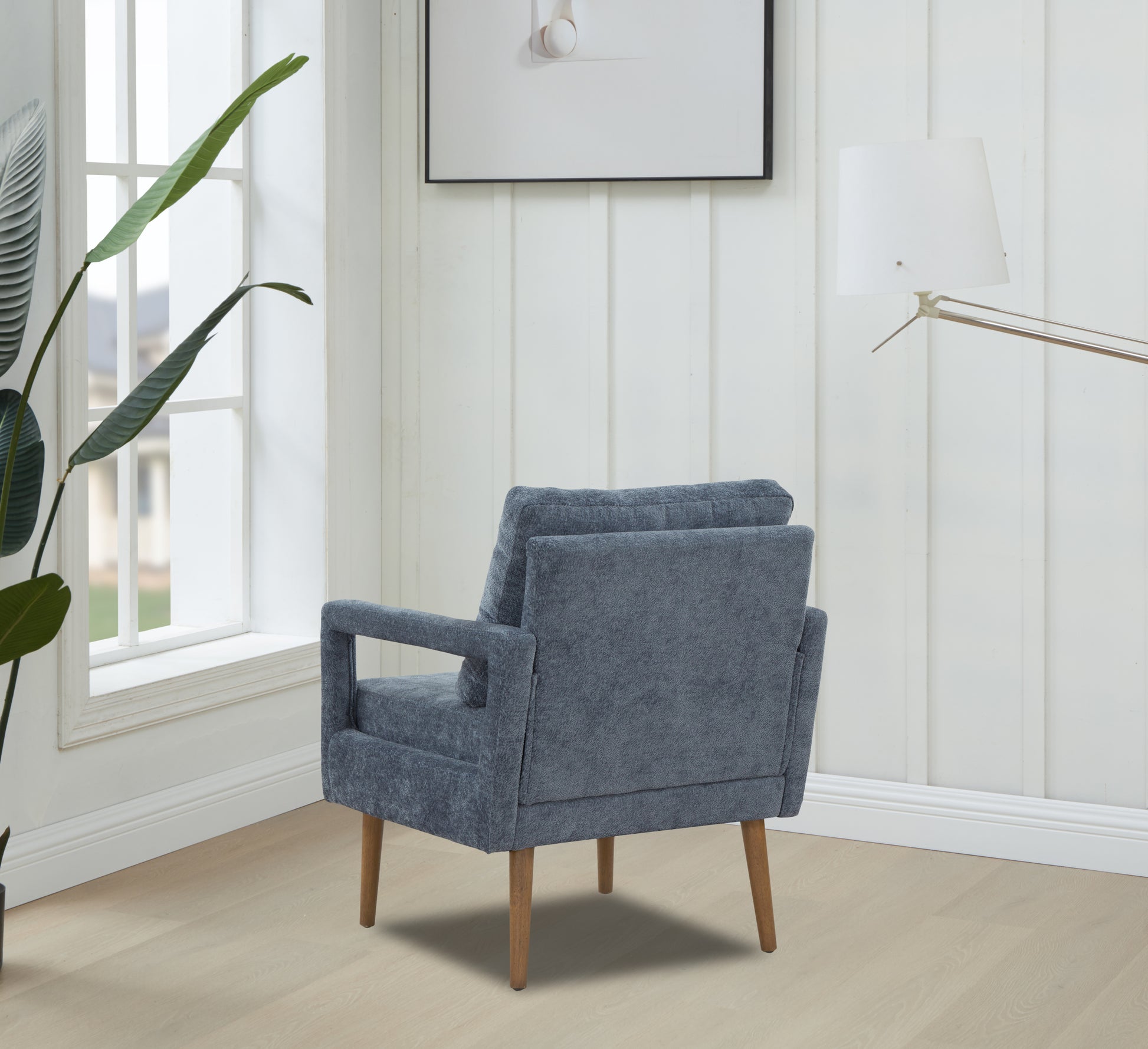 Mid Century Armchairaccent Chair With Chenille Armrest & Soft Cushion For Living Room, Bedroom, Home Office, Study, Dark Grayish Blue Blue Foam Wood Fabric