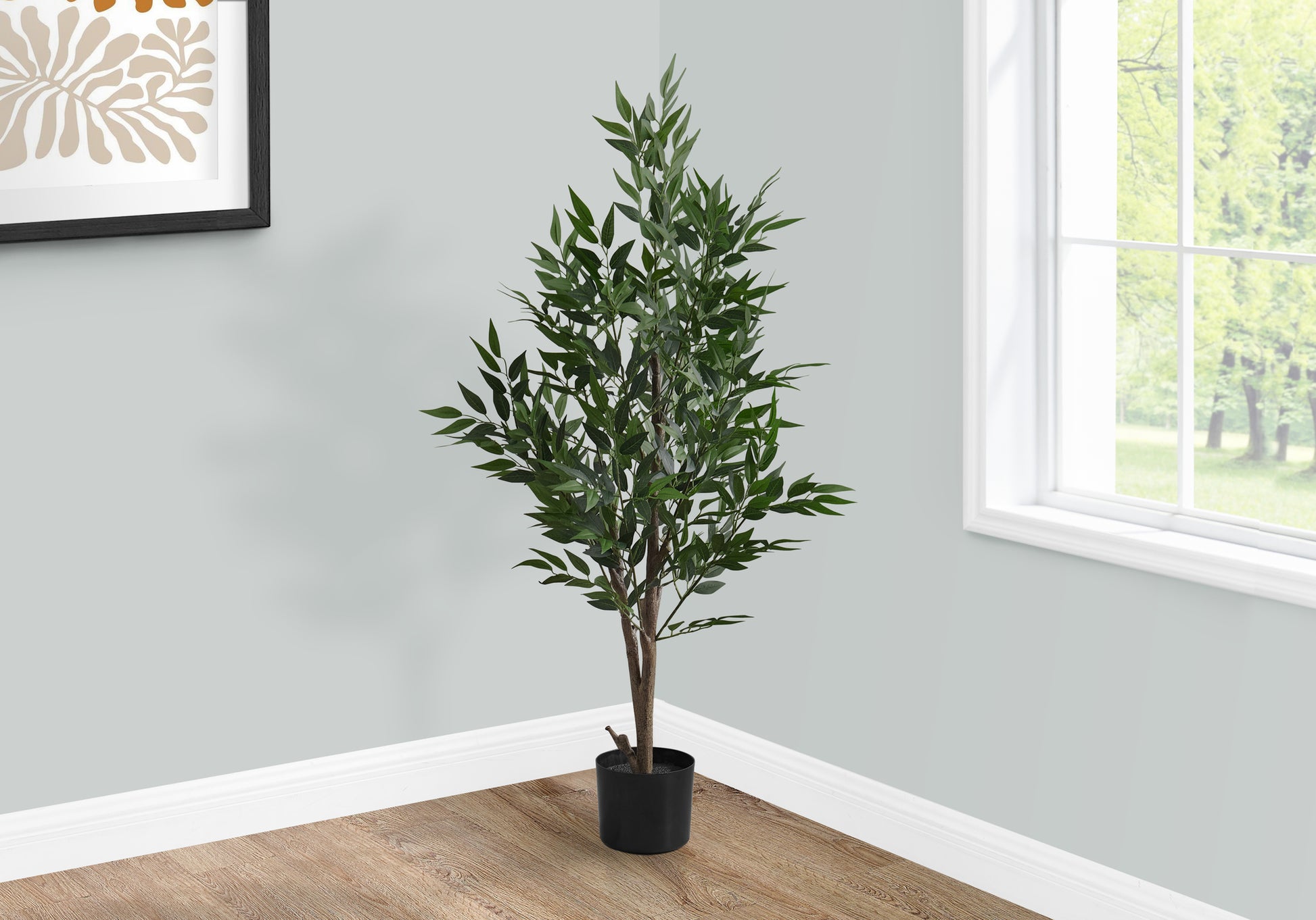 Artificial Plant, 47" Tall, Acacia Tree, Indoor, Faux, Fake, Floor, Greenery, Potted, Silk, Decorative, Green Leaves, Black Pot Green Foam Plastic