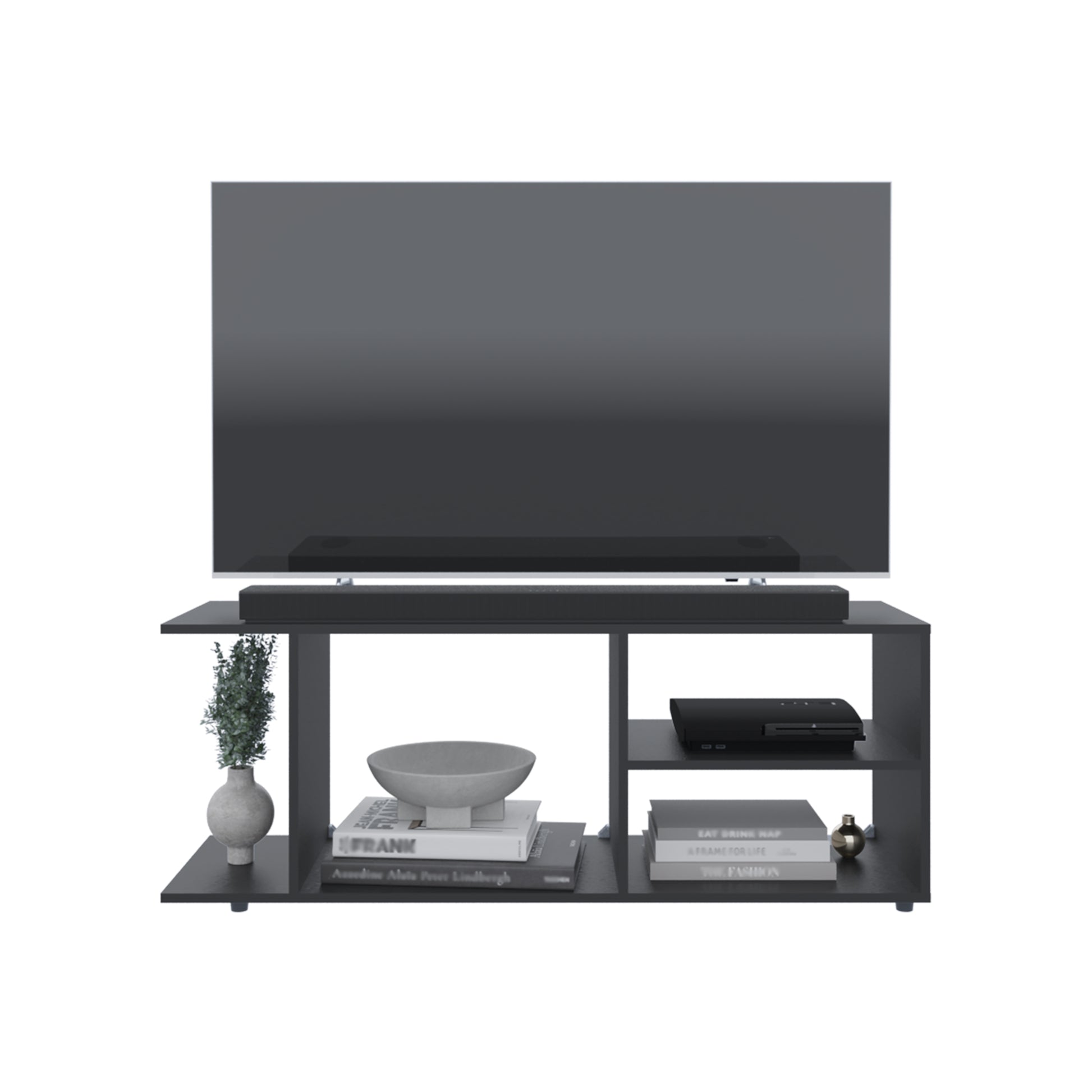 Goodwood Minimalistic Tv Stand For 65 Inch Tv With 5 Open Shelves Black Primary Living Space 60 69 Inches 60 69 Inches Modern 65 Inches Particle Board