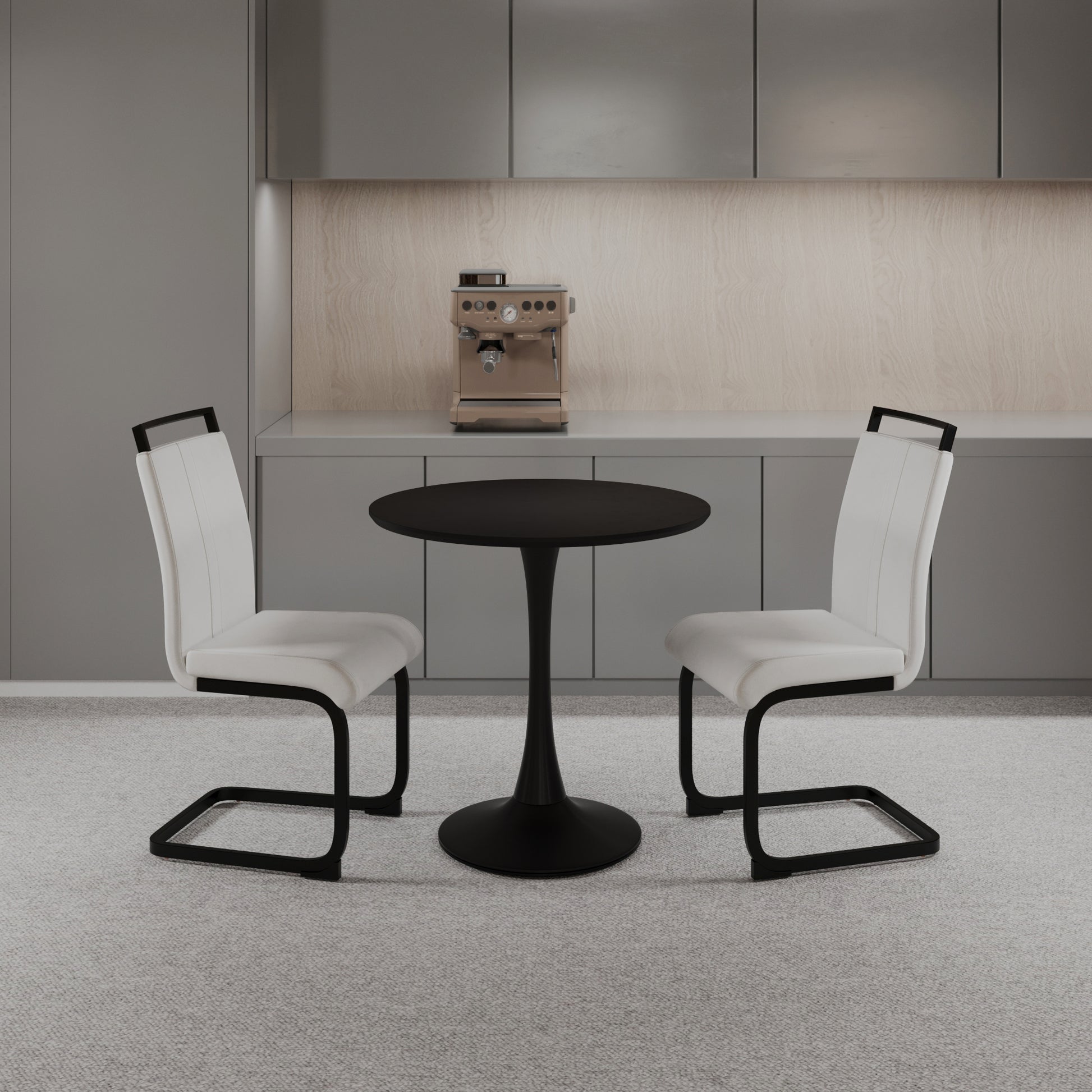 Black Circular Dining Table, 31.5 "Tulip Dining Table, Kitchen Dining Table For 2 4 People, Mdf Tabletop And Base, And 2 White Pu Black Metal Leg Dining Chairs Set 2 Black Mdf