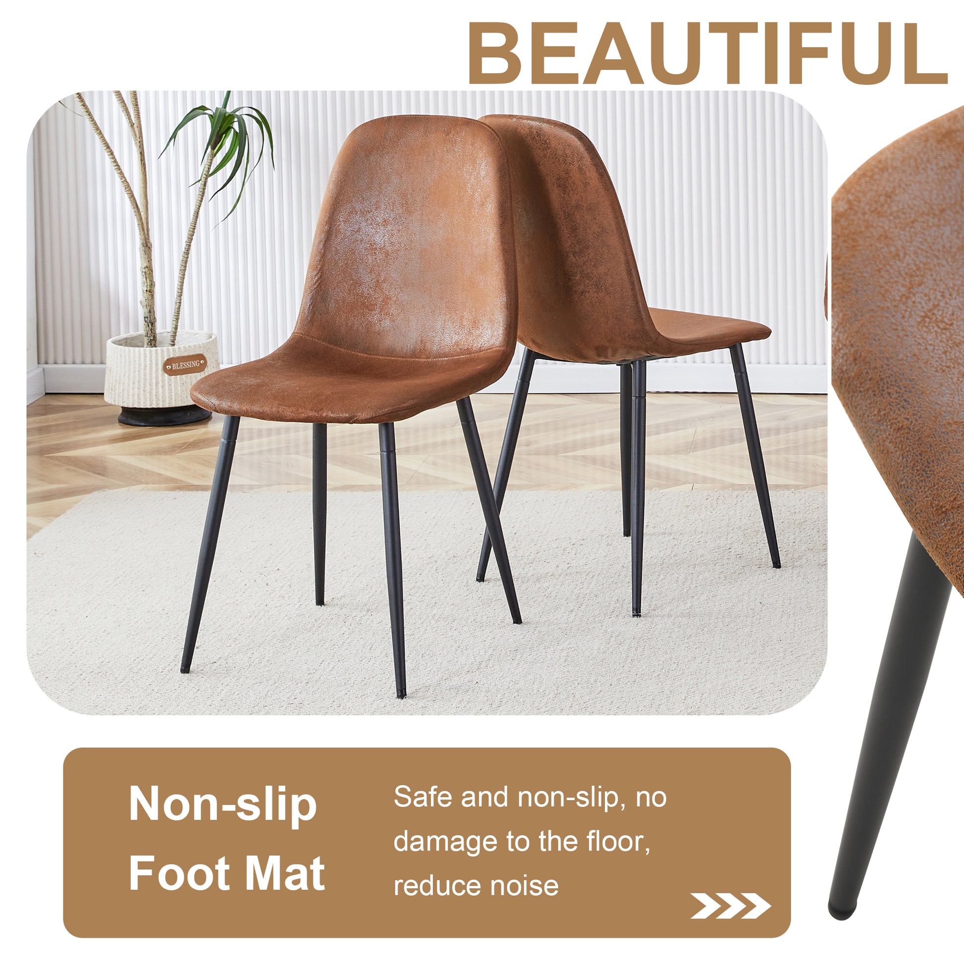 Table And Chair Set.67"X36" Wood Textured Mdf Dining Table Set With 6 Brown Suede Chairs.Mdf Sticker,Wood Colored Texture Sticker,Brown Armless Dining Chair,Suitable For Kitchen,Dining Room,Etc.