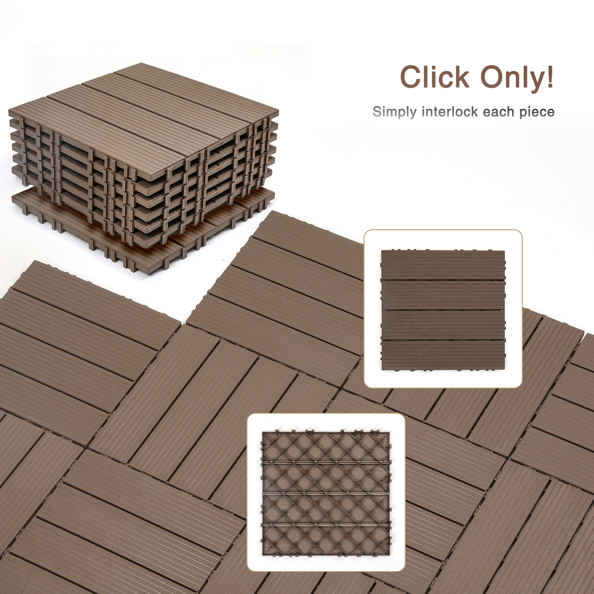 Plastic Interlocking Deck Tiles,44 Pack Patio Deck Tiles,12"X12" Square Waterproof Outdoor All Weather Use, Patio Decking Tiles For Poolside Balcony Backyard, Brown Brown Polypropylene