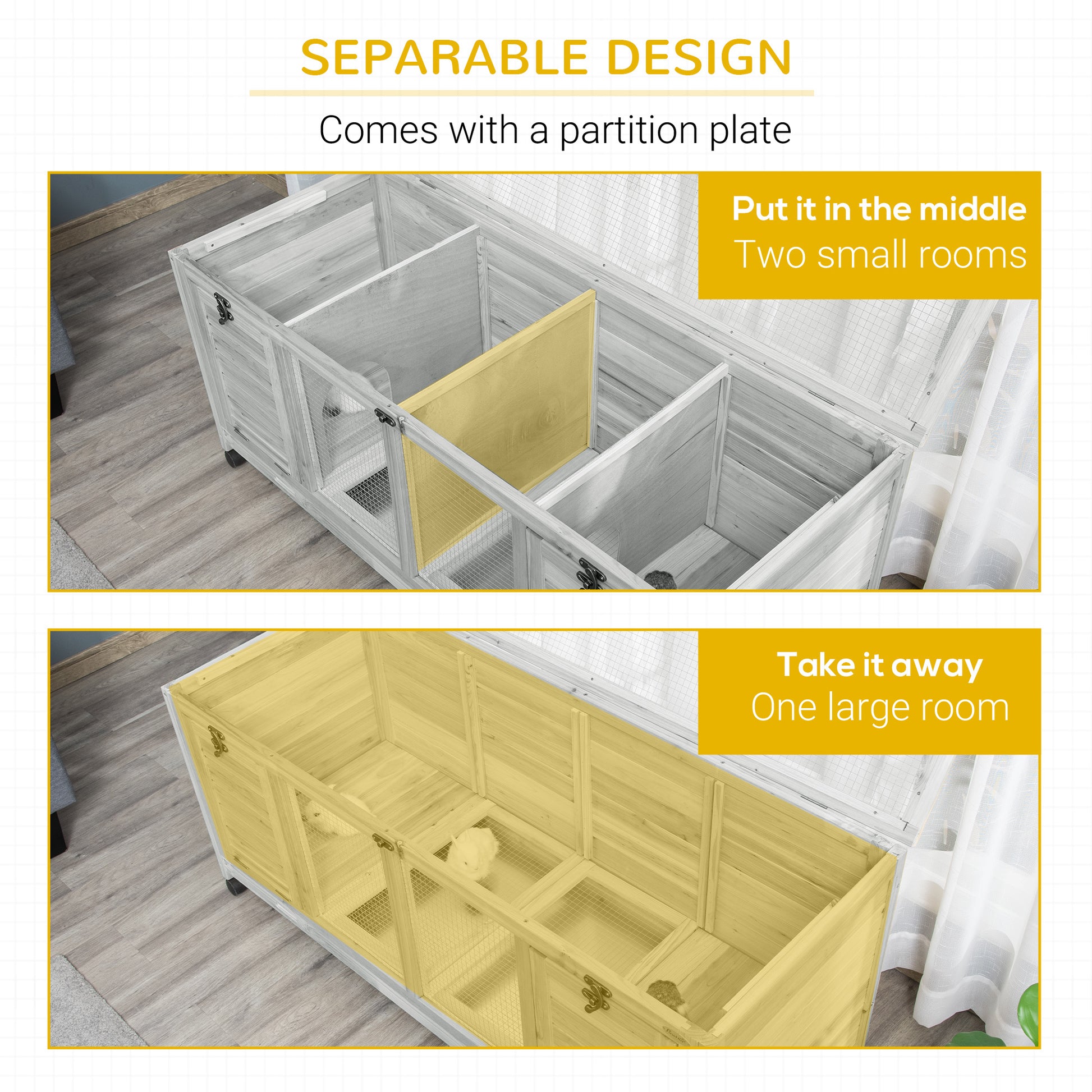 Pawhut Wooden Rabbit Hutch, Bunny Cage With Wheels, Dividers, Openable Roof, Removable Trays, Small Animal Cages For 1 2 Rabbits, Indoor Outdoor Use, Light Gray Gray Wood