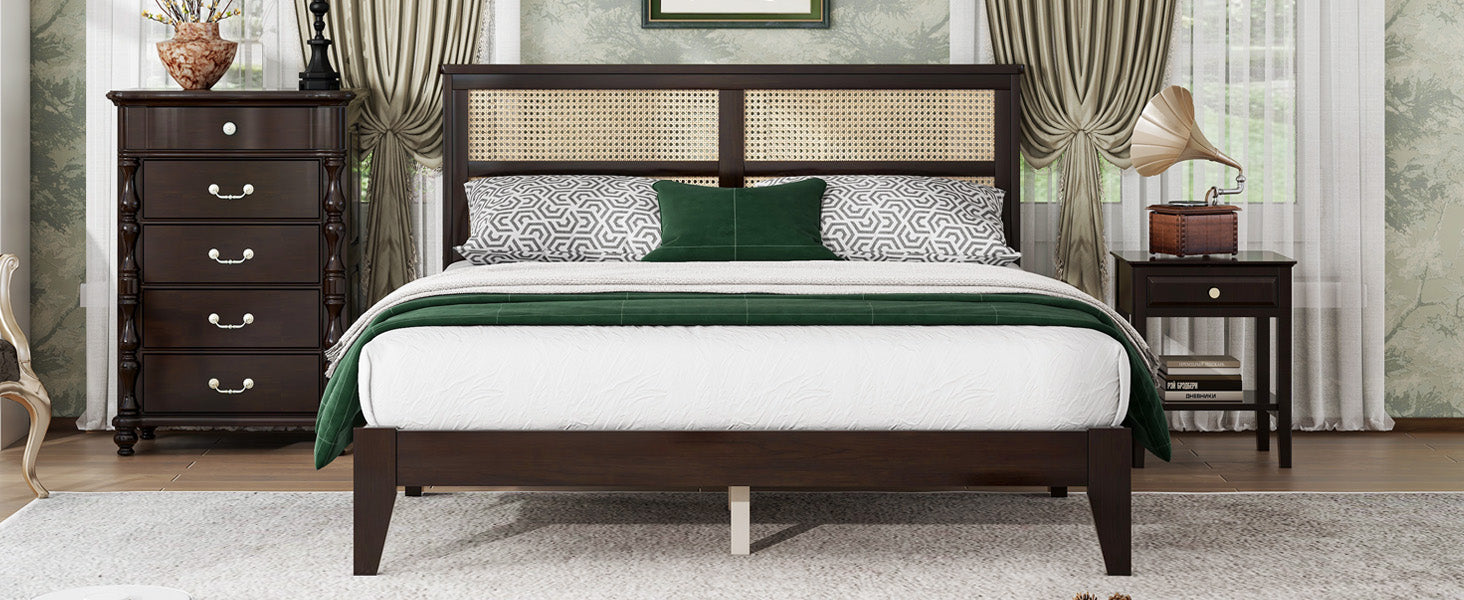 Queen Size Rubber Wooden, Solid Wooden Bed With Rattan Headboard, Enhanced By Support Feet,Espresso Queen Espresso Rubber Wood