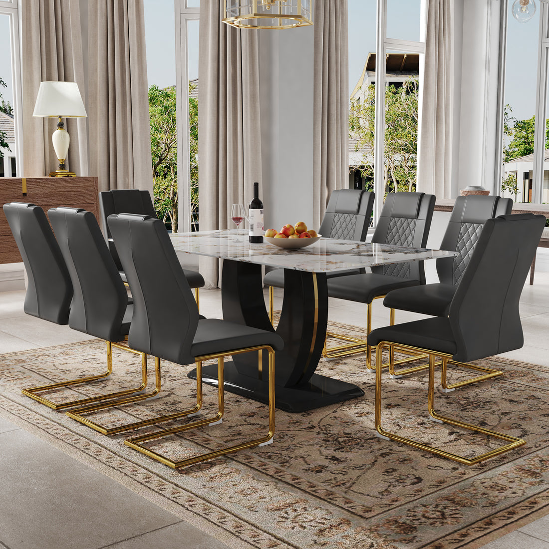 Table And Chair Set, Modern Dining Table, Patterned Table Top And Black Mdf Leg Table, Soft And Comfortable Dining Chair, Perfect For Dinner, Meetings, Home And Office Decor Black Grey Mdf Glass