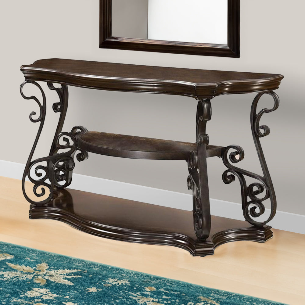 Traditional Solid Sofa Table With Glass Inset, Metal Scrolls & 2 Shelves, Brown Brown Wood Metal