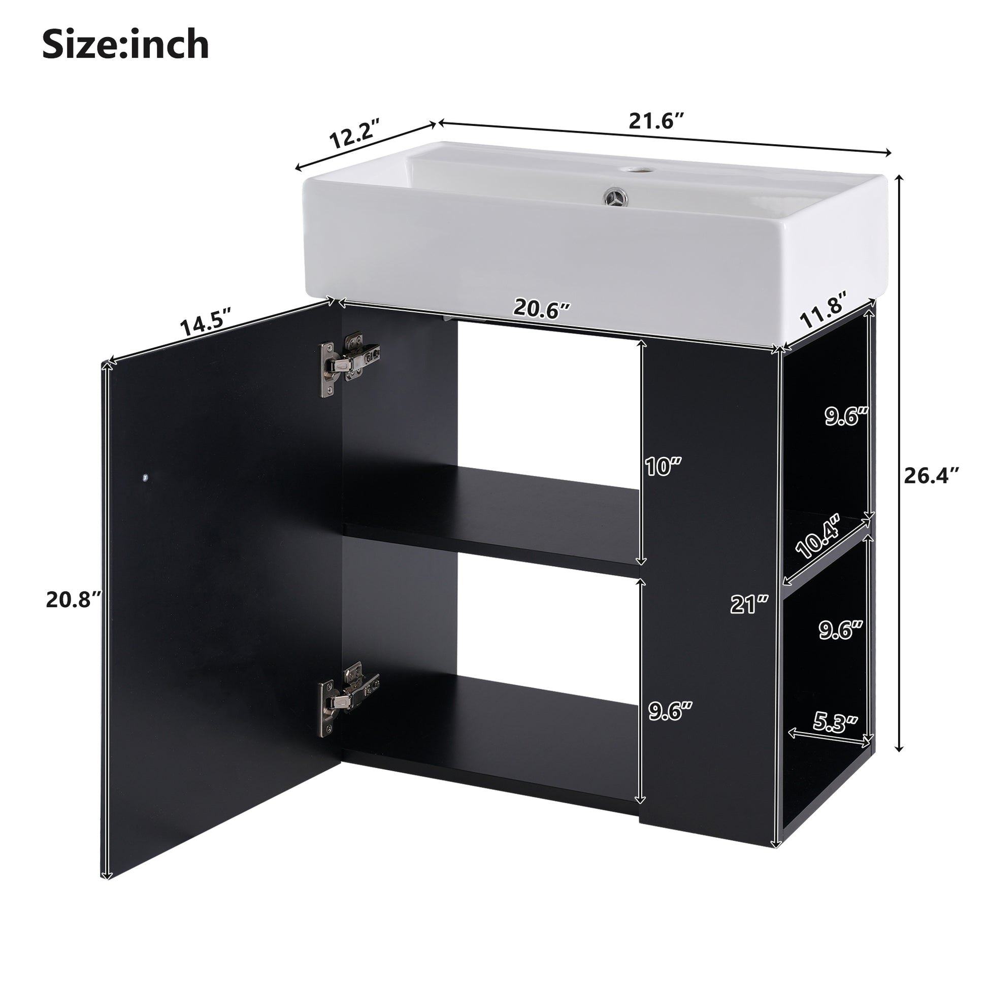 Video 21.6 Inch Modern Floating Bathroom Vanity With Ceramic Basin Perfect For Small Bathrooms, Right Side Storage Black Bathroom Ceramic Mdf