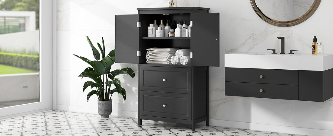 Bathroom Storage Cabinet, Cabinet With Two Doors And Drawers, Adjustable Shelf, Mdf Board, Black Black Mdf