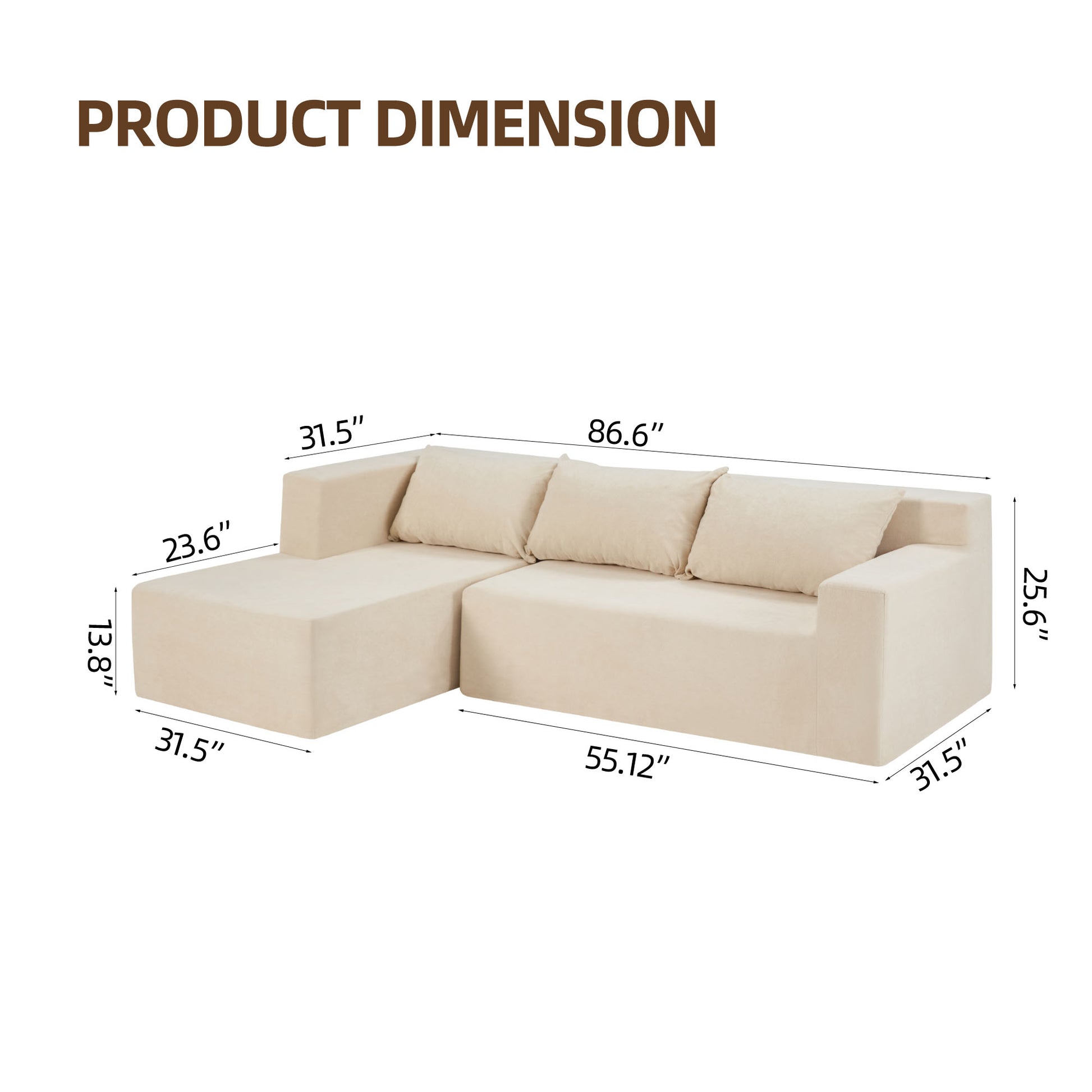 Sectional Couch Covers L Shape Sofa Covers, 2 Pcs Anti Slip Sofa For 3 3 Seaters Chaise Cushion Couch With Pillowcases, Living Room Foam Sofa Free Installation Khaki Canvas 3 Seat