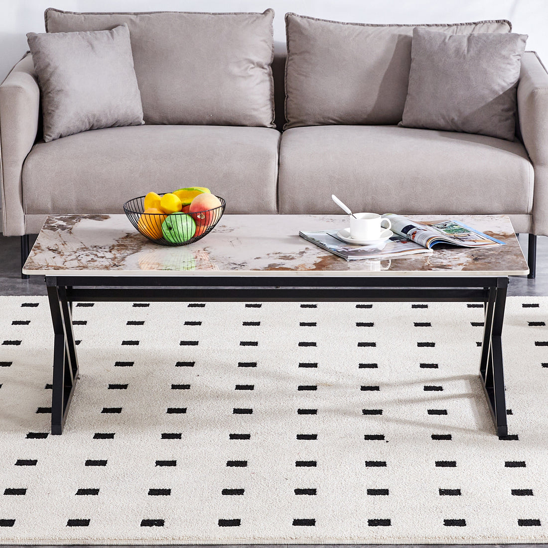 A Modern Minimalist Style Marble Patterned Coffee Table With Black Metal Legs. Computer Desk. Game Table. Tea Table. Ct Xx White Black Sintered Stone