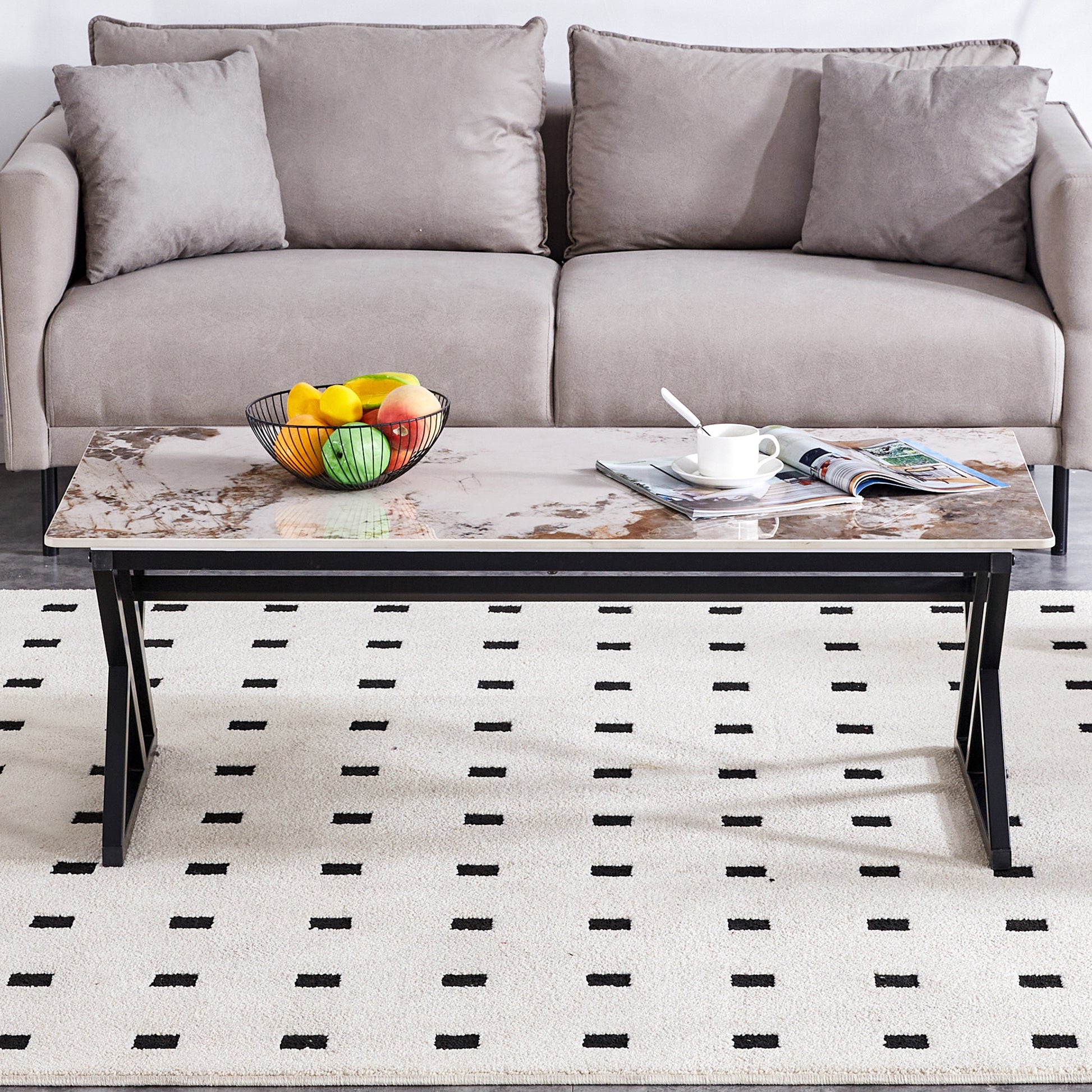 A Modern Minimalist Style Marble Patterned Coffee Table With Black Metal Legs. Computer Desk. Game Table. Tea Table. Ct Xx White Black Sintered Stone