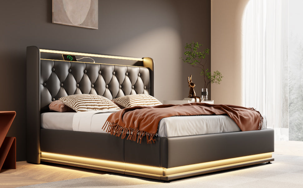 Full Size Upholstered Bed, 360 Surround Led Function, Buttons Apps Remote Control, Hydraulic Storage Bed With Usb Type C Charging, Black,Pu Without Mattress Full Black Pu
