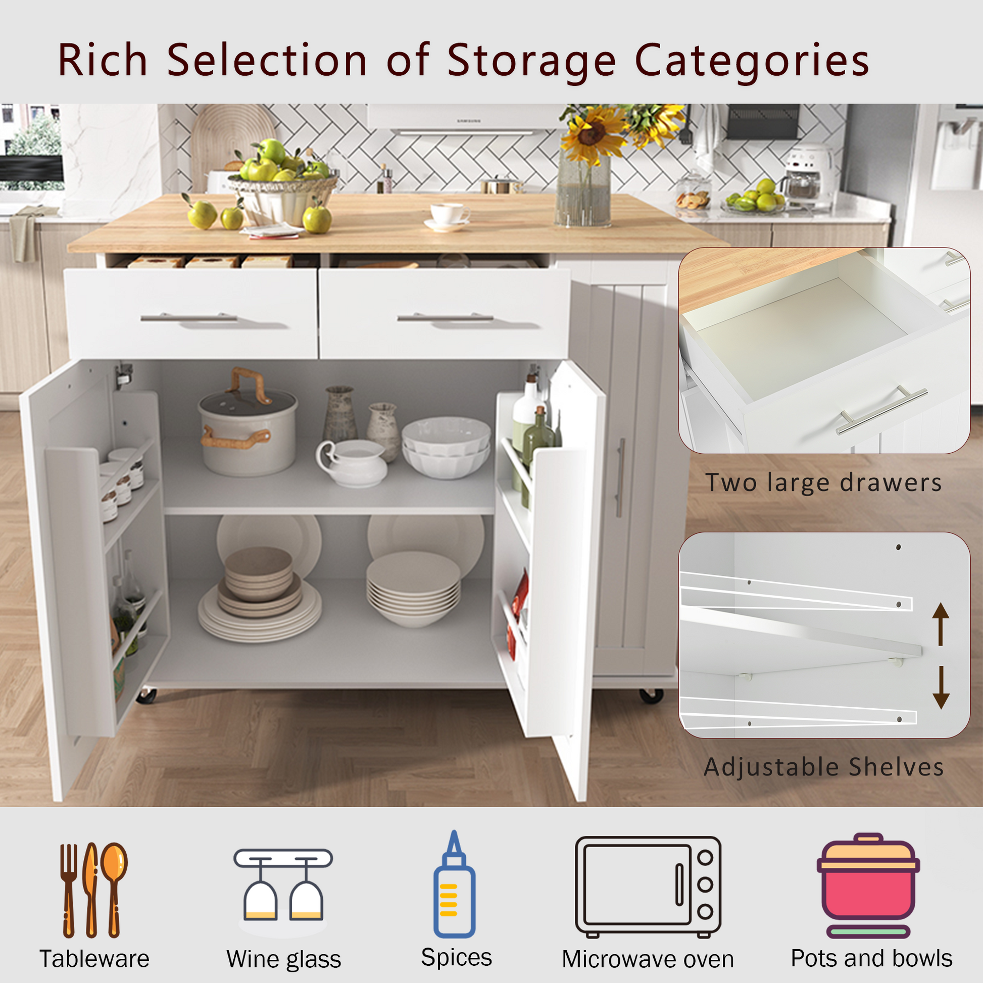 K&K Kitchen Island With Drop Leaf, Kitchen Storage Cart With 3 Tier Pull Out Cabinet Organizer, Internal Storage Rack, Rolling Kitchen Cart On Wheels With Towel Rack, 2 Drawers, For Kitchen, White White Brown Kitchen Classic,Farmhouse,Luxury,Modern