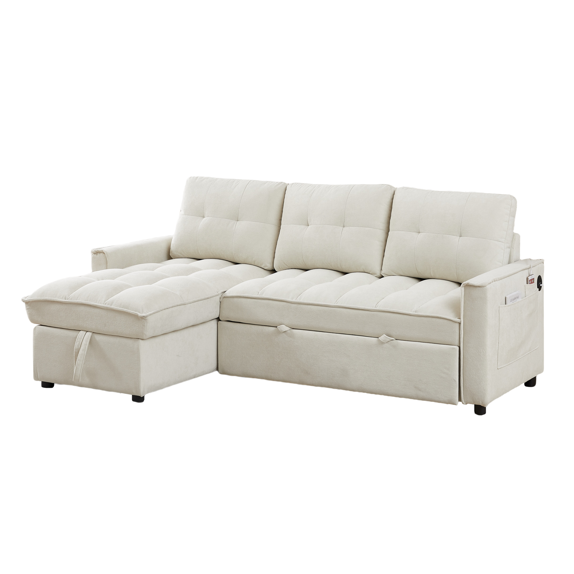 Mh 78.75" Reclining Sofa, Pull Out Sofa Bed With Usb And Tape C Charging Ports, L Shaped Sectional Sofa With Reclining Storage And Arm Side Organizer Pocket Features, Living Room Comfort Sofa Beige Chenille Wood Primary Living Space Eucalyptus Foam