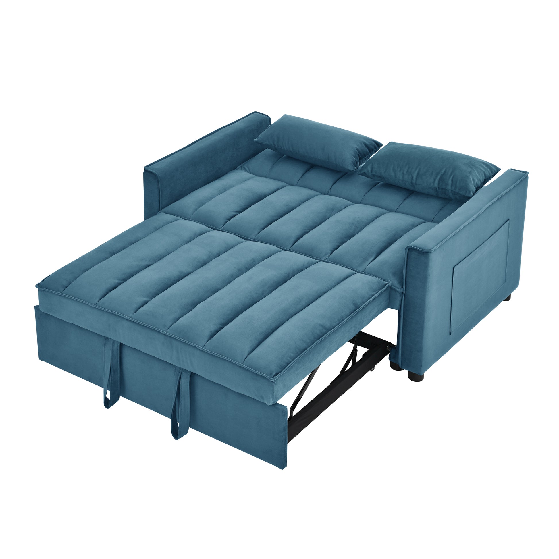 Modern Velvet Seat Sofa Couch Pull Out Bed,3 In One Convertible For Living Room Sofa Bed,Blue Blue Velvet Primary Living Space Cushion Back Medium Soft Medium Duty American Design Pillow Top Arms Foam Velvet 2 Seat
