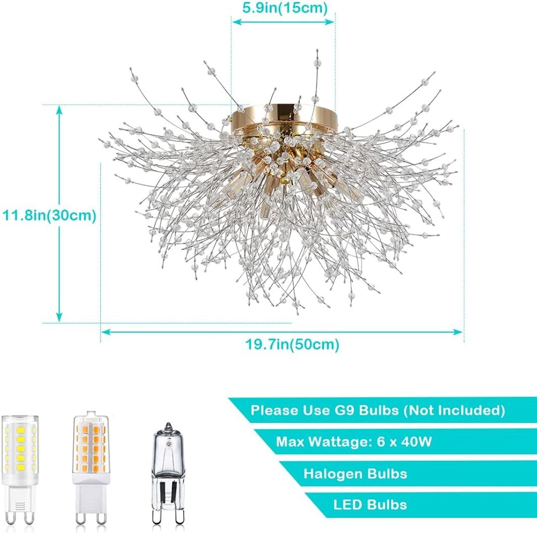 Flush Mount Ceiling Lights, Modern Gold Crystal Sputnik Firework Close To Ceiling Lamp Led Ceiling Lighting Fixtures For Bedroom Kitchen Island Hallway Entryway Porch Gazebo Golden Crystal