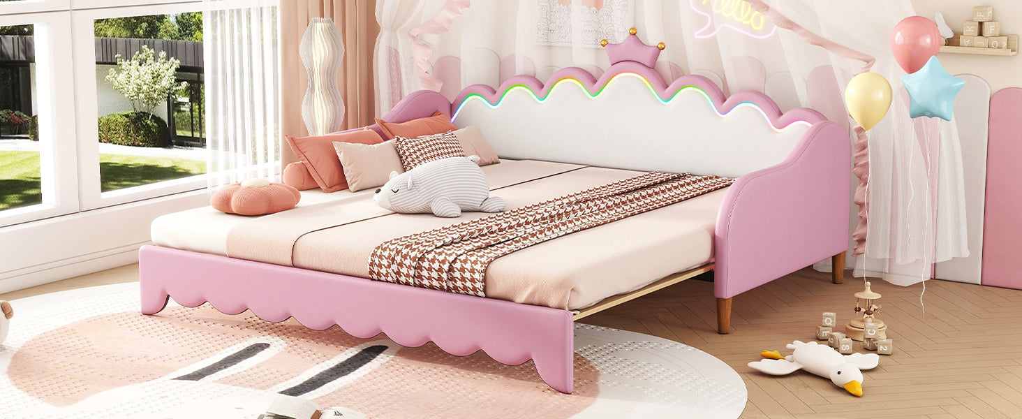 Twin Extending Daybed With Led Lights, Modern Upholstered Princess Daybed With Crown Headboard,Pink Twin Pink Wood