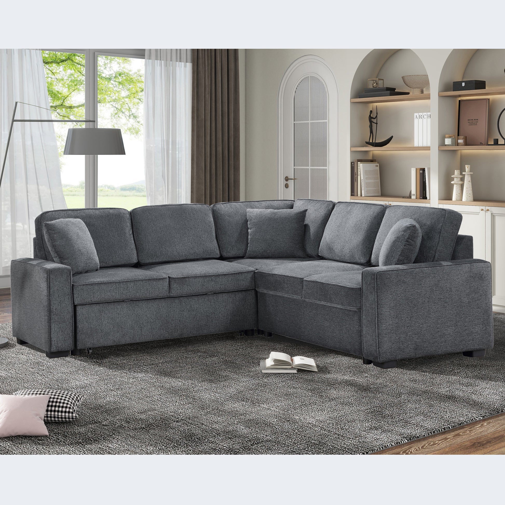 Modular Sofa, Sectional Couch L Shaped Sofa Couch With Pullout Sleeper, 5 Seat Chenille Corner Sofa For Living Room, 3 Pillows Included, Dark Gray Dark Gray Chenille Foam Plywood 5 Seat