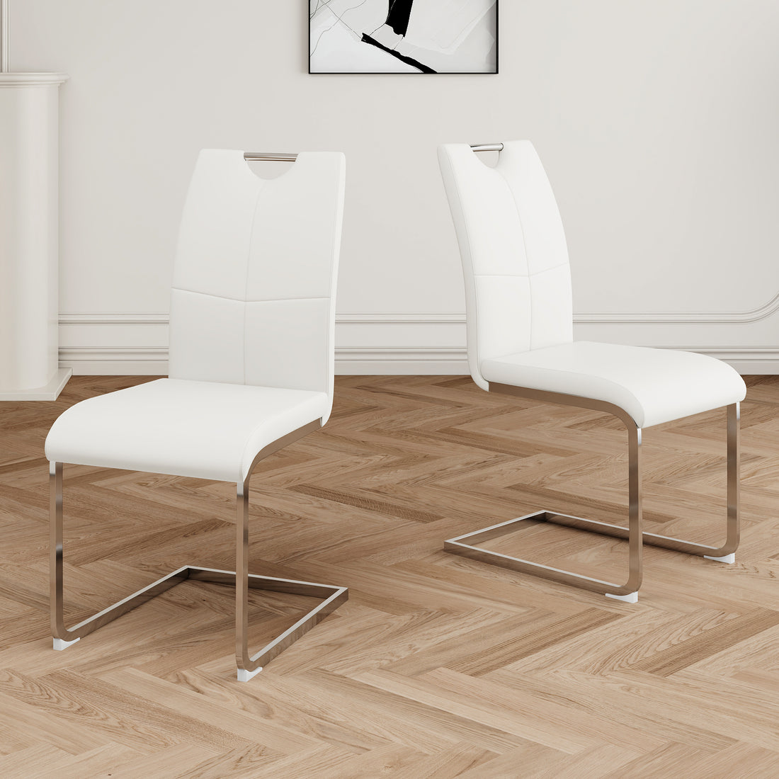 Modern Dining Chairs With Faux Leather Padded Seat Dining Living Room Chairs Upholstered Chair With Chrome Metal Legs Design For Kitchen, Living, Bedroom, Dining Room Side Chairs Set Of 2 White Silver Metal