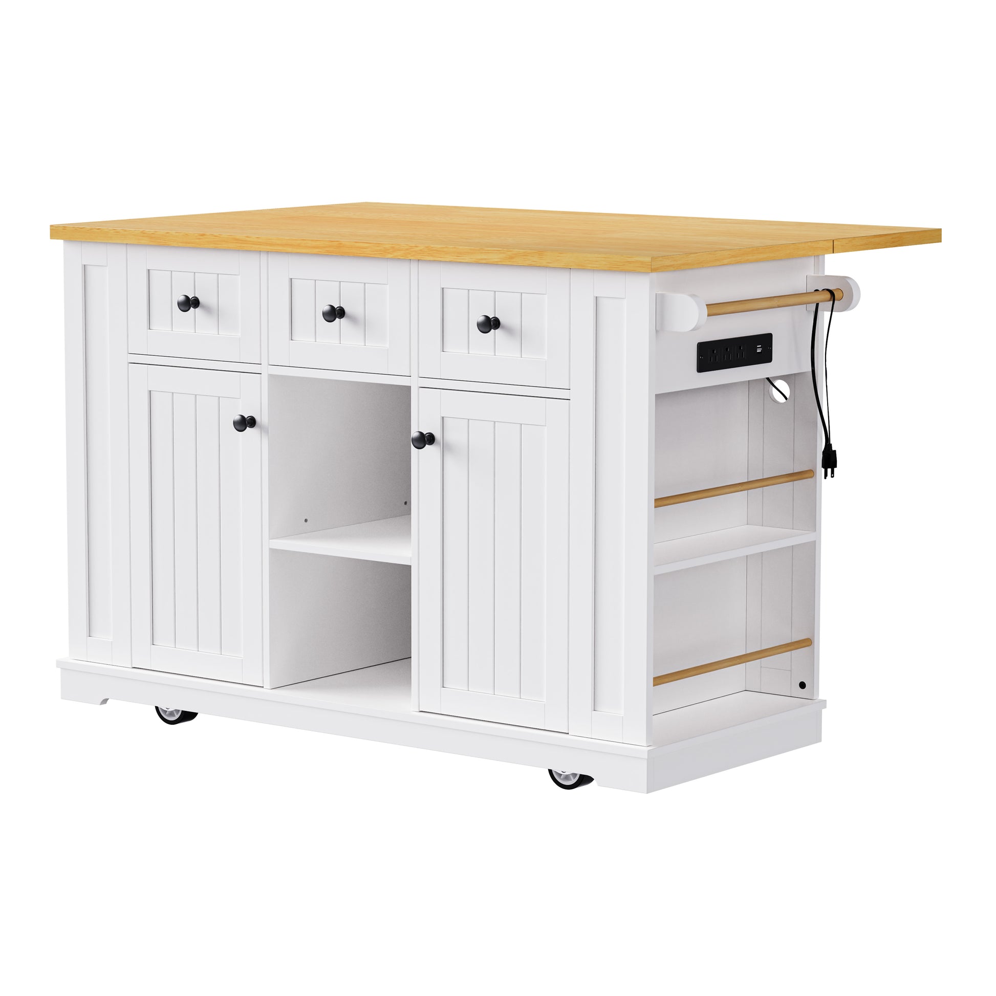 K&K 53Inch Large Kitchen Island With Drop Leaf, Power Outlet, Door Internal Storage Rack, Rolling Kitchen Cart On 5 Wheels With 5 Open Side Racks For Kitchen, Dining Room,White Not Include Bar