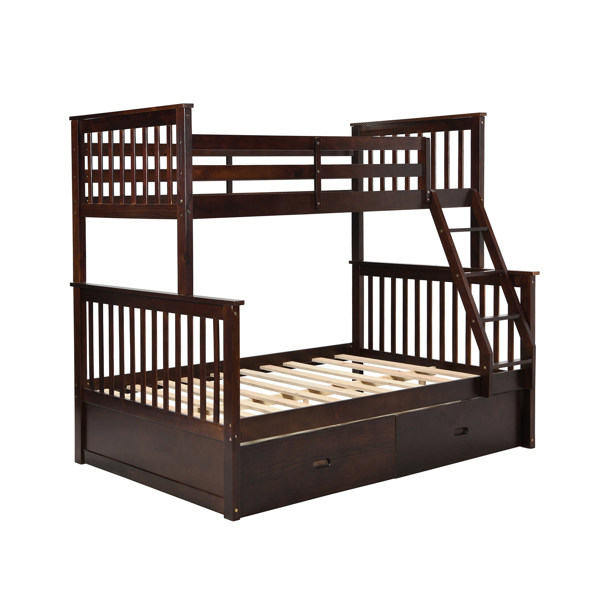 Twin Over Full Bunk Bed With Storage Drawers, Wooden Bunk Bed With Ladder And Safety Guard Rails Espresso Full Espresso Wood