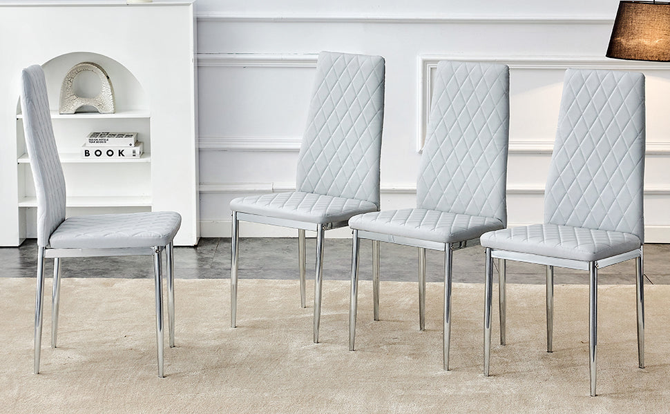 4 Piece Set Of Checkered Armless High Back Dining Chairs, Office Chairs. Suitable For Restaurants, Living Rooms, Kitchens, And Offices. Light Gray Chairs And Electroplated Metal Legs 0924 Light Gray Pu