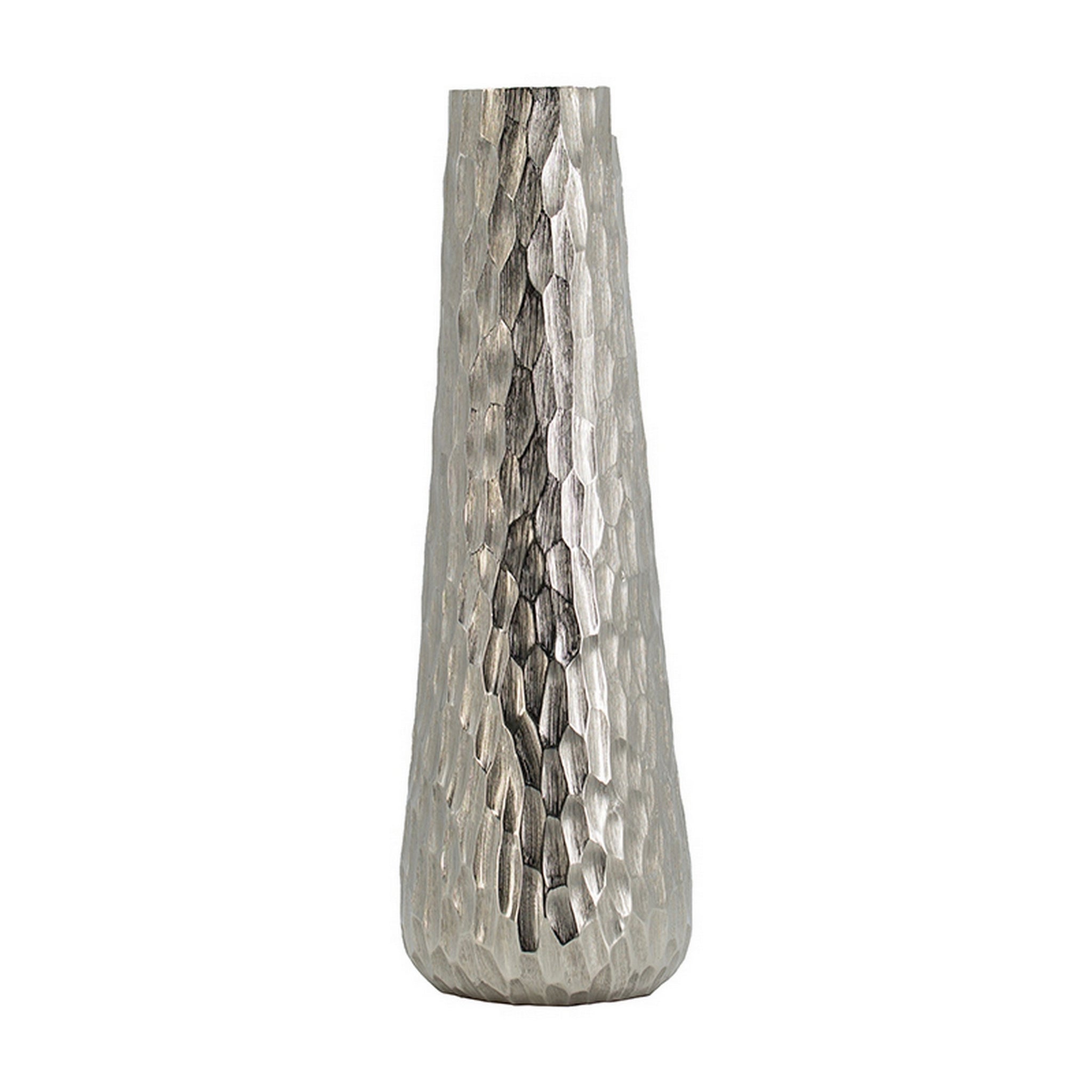 19 Inch Contemporary Tall Oblong Vase, Silver Aluminum, Hammered Texture Silver Aluminium