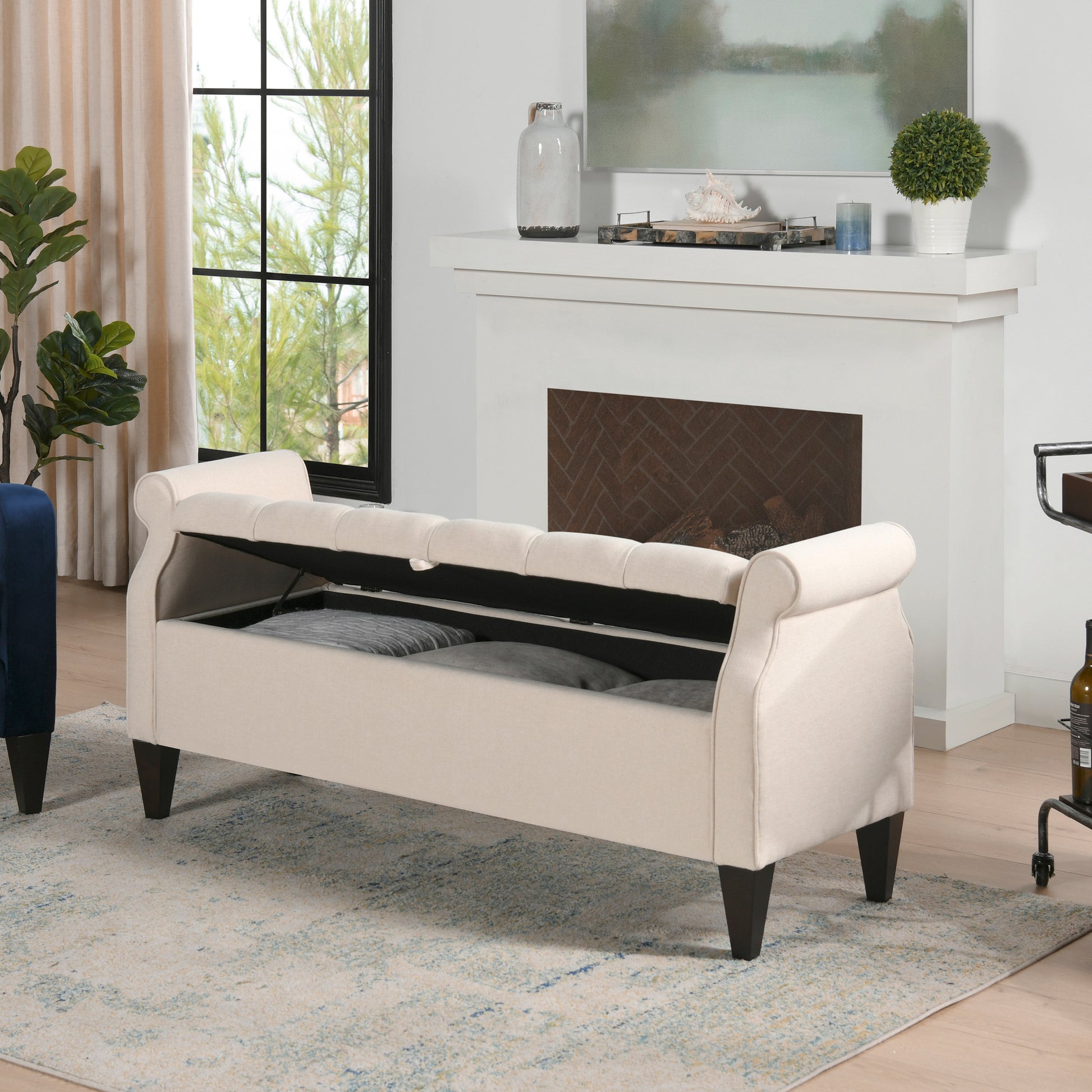 Jacqueline 57.5" Tufted Roll Arm Storage Bench, Sky Neutral Beige Polyester Beige Foam Polyester